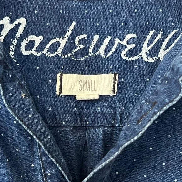 Madewell Men's Top Blue Denim Polka Dot Long Sleeve Half Button Size S Pocket - Picture 3 of 7